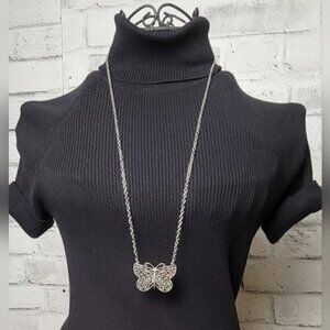 Long Silver-Tone Filigree Butterfly Pendant Necklace – Sparkle Accent